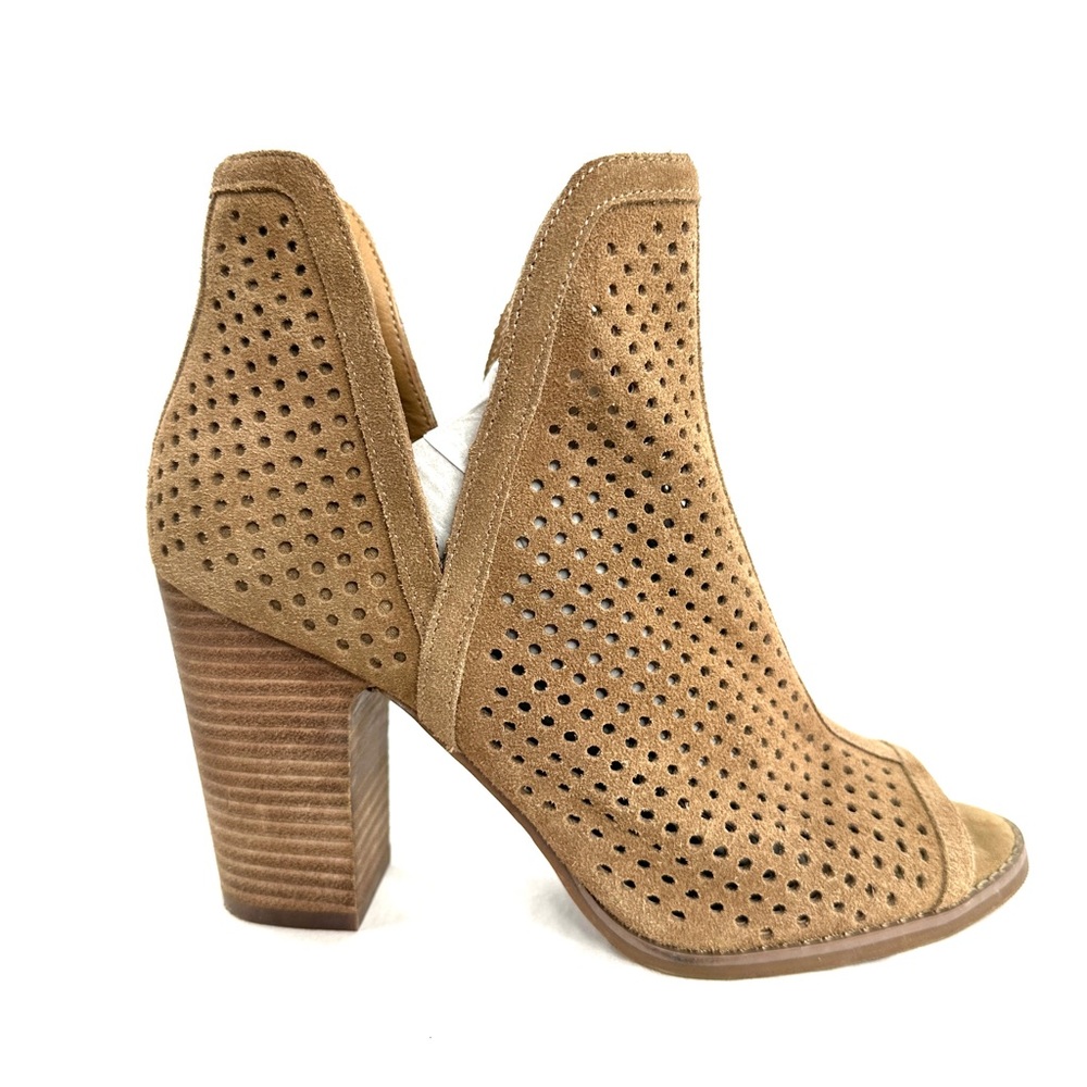 Lucky Brand Women Size 8 Tan Laser Cut Suede Block Heel Boot Peep Toe Shoe